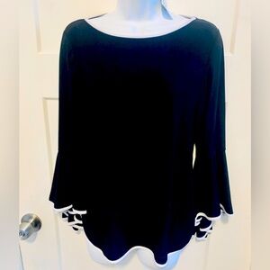 COCO BIANCO NWT SEXY RUFFLE BELL SLEEVE SHIRT BLACK W/ WHITE TRIM STRETCHY
